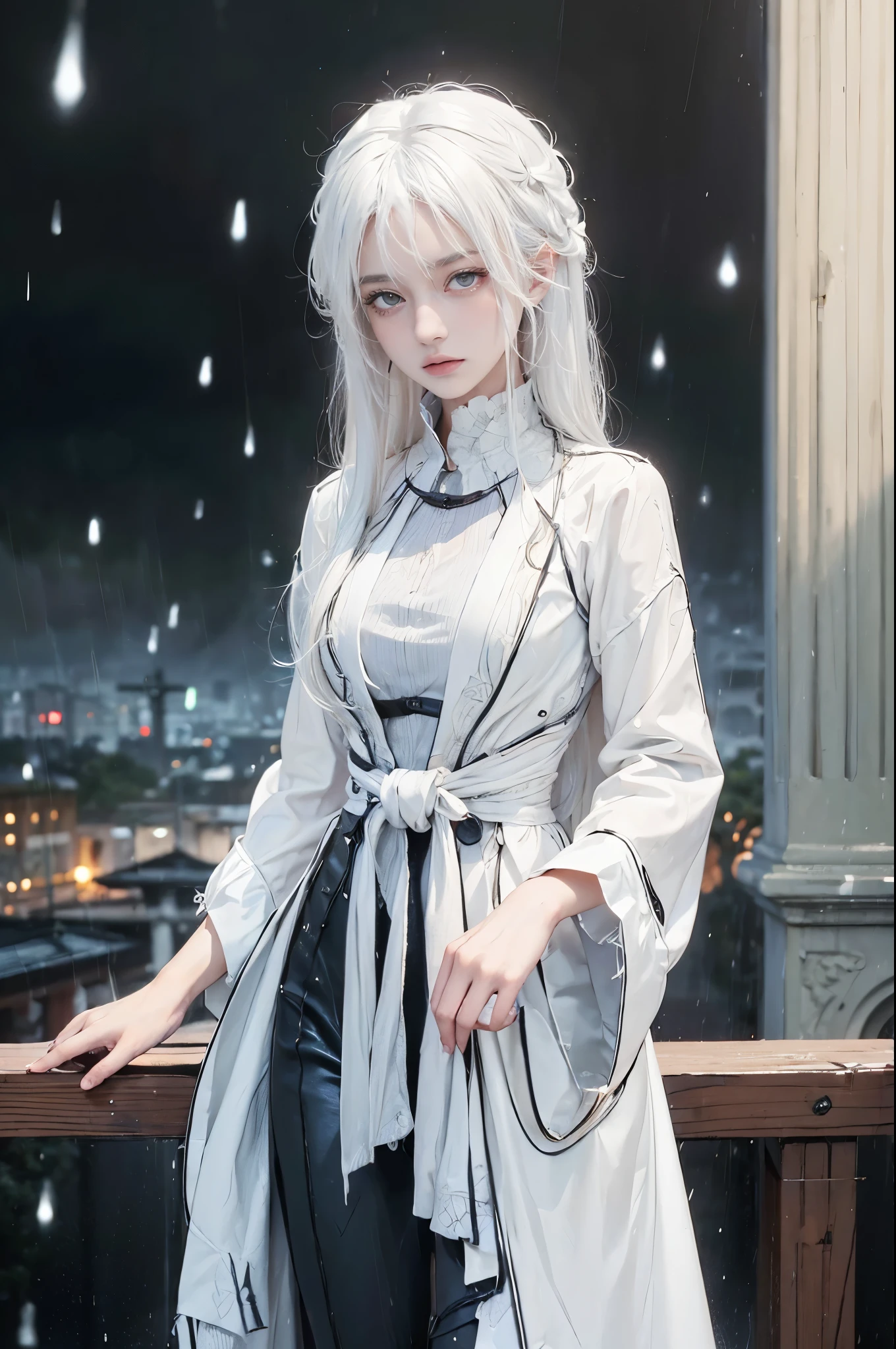 female, ((masterpiece, best quality, ultra detailed, absurdres), solo, white hair, rain