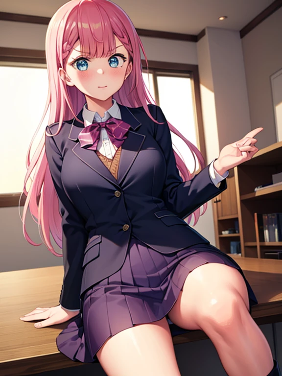 mafuyukirisu, mafuyu kirisu, blue eyes, braid, long hair, twin braids, pink hair, BREAK long sleeves, purple skirt, shirt, skirt, suit jacket, white shirt, blazer, BREAK looking at viewer, BREAK indoors, classroom, BREAK (masterpiece:1.2), best quality, high resolution, unity 8k wallpaper, (illustration:0.8), (beautiful detailed eyes:1.6), extremely detailed face, perfect lighting, extremely detailed CG, (perfect hands, perfect anatomy),kirisu mafuyu in class, class time, black stocking, holding condom in lips, slut face, seducing eyes,boots, center frills, dress