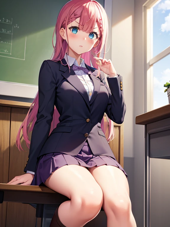 mafuyukirisu, mafuyu kirisu, blue eyes, braid, long hair, twin braids, pink hair, BREAK long sleeves, purple skirt, shirt, skirt, suit jacket, white shirt, blazer, BREAK looking at viewer, BREAK indoors, classroom, BREAK (masterpiece:1.2), best quality, high resolution, unity 8k wallpaper, (illustration:0.8), (beautiful detailed eyes:1.6), extremely detailed face, perfect lighting, extremely detailed CG, (perfect hands, perfect anatomy),kirisu mafuyu in class, class time, black stocking, holding condom in lips, slut face, seducing eyes,boots, center frills, dress