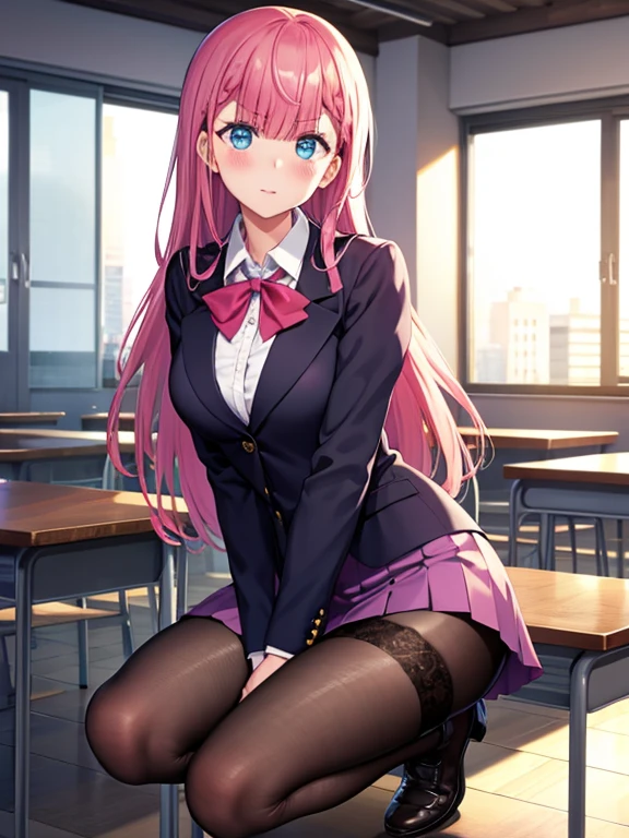 mafuyukirisu, mafuyu kirisu, blue eyes, braid, long hair, twin braids, pink hair, BREAK long sleeves, purple skirt, shirt, skirt, suit jacket, white shirt, blazer, BREAK looking at viewer, BREAK indoors, classroom, BREAK (masterpiece:1.2), best quality, high resolution, unity 8k wallpaper, (illustration:0.8), (beautiful detailed eyes:1.6), extremely detailed face, perfect lighting, extremely detailed CG, (perfect hands, perfect anatomy),kirisu mafuyu in class, class time, black stocking, holding condom in lips, slut face, seducing eyes,boots, center frills, dress