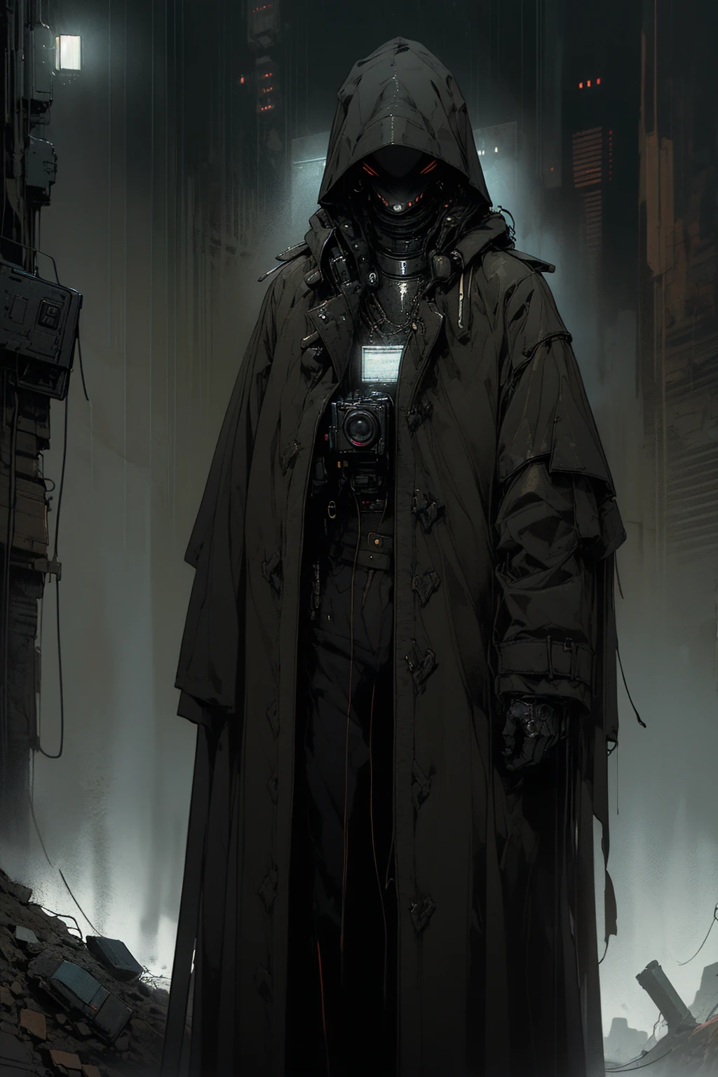 wide and far shot, ((a man in a black hooded trench coat, return to camera:1.5)), standing on rainy street, looking at a futuristic city at night, a dark cityscape with neon lights (Best Quality, 4k, 8k , high resolution, Masterpiece: 1.2), ultra detailed (realist, photorealist, photorealist: 1.37), cinematic lighting, dramatic shadows, moody atmosphere, intricate details, Bright city lights, advanced technology, Retro-futuristic architecture, dynamic pose, hood that casts shadows on the face, intense look