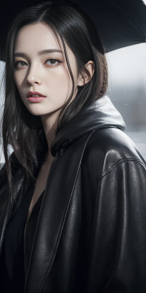 beautiful girl with realistic black eyes, pale skin, mid-length black hair, perfect face, perfect eyes, wearing coat, highly detailed, comprehensive cinematic, digital painting, 8k, cinematic lighting, best quality, highres, detailed work, post-processing, perfect result, hyper realistic