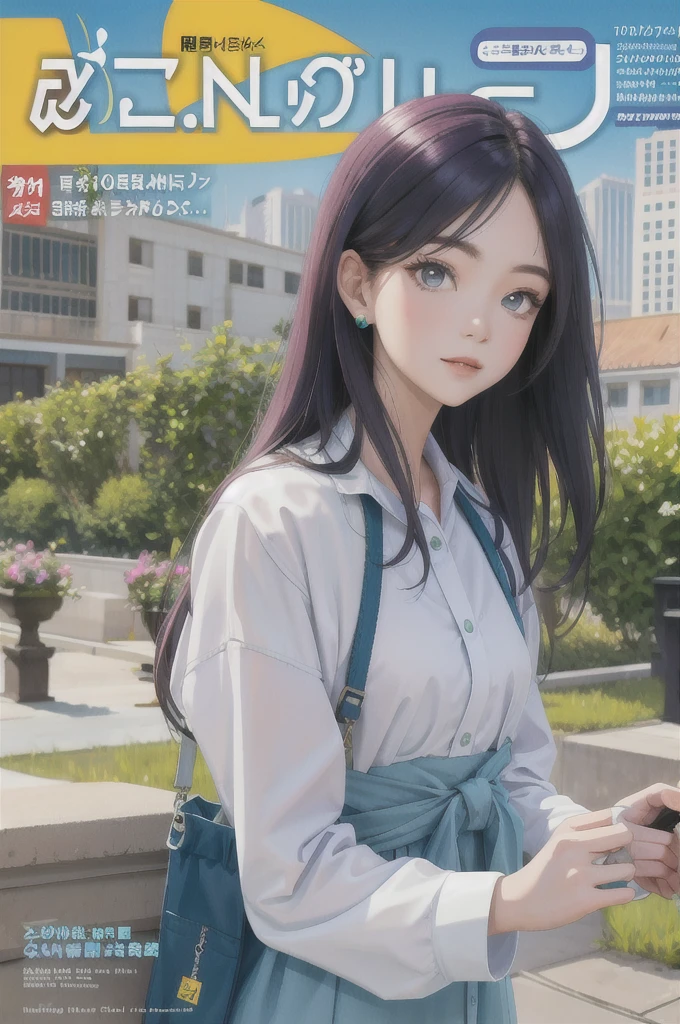 masterpiece, best quality, spring outfit, colorful hair, outdoor, magazine cover ,upper body,