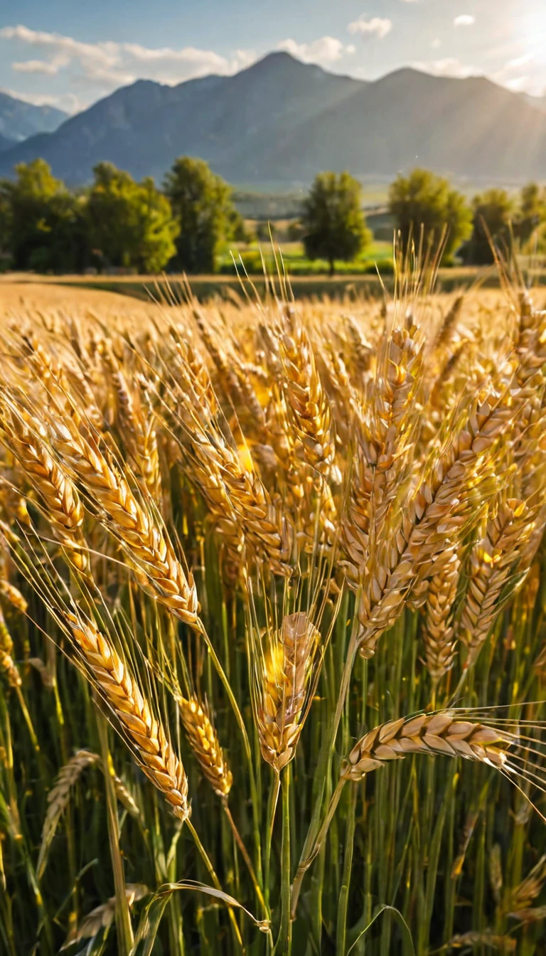 sunny day, Wheat field and mountains in the background, Wheat reflects the sunlight