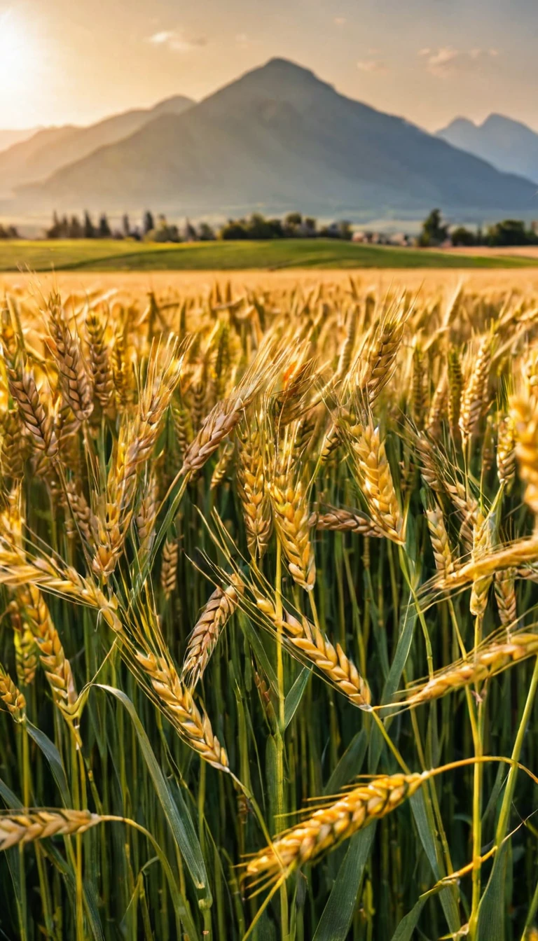 sunny day, Wheat field and mountains in the background, Wheat reflects the sunlight