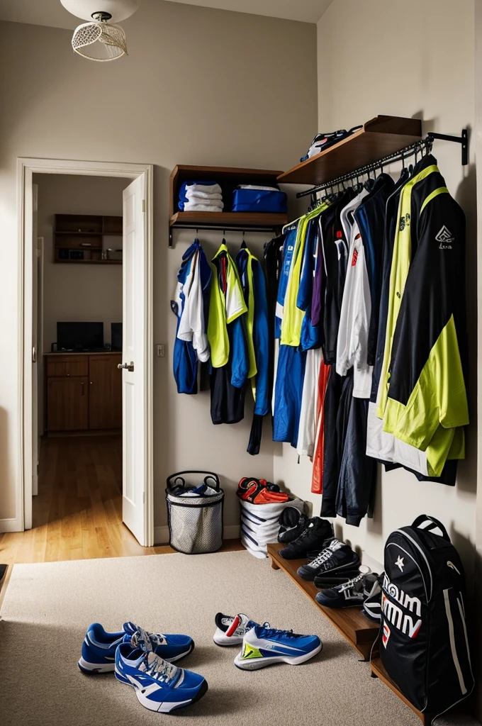 In one corner of a room was an open sports bag. Inside the bag, a badminton racket was seen along with some used badminton rackets. There was also a pair of sports shoes and some sports shirts scattered in front of the bag.