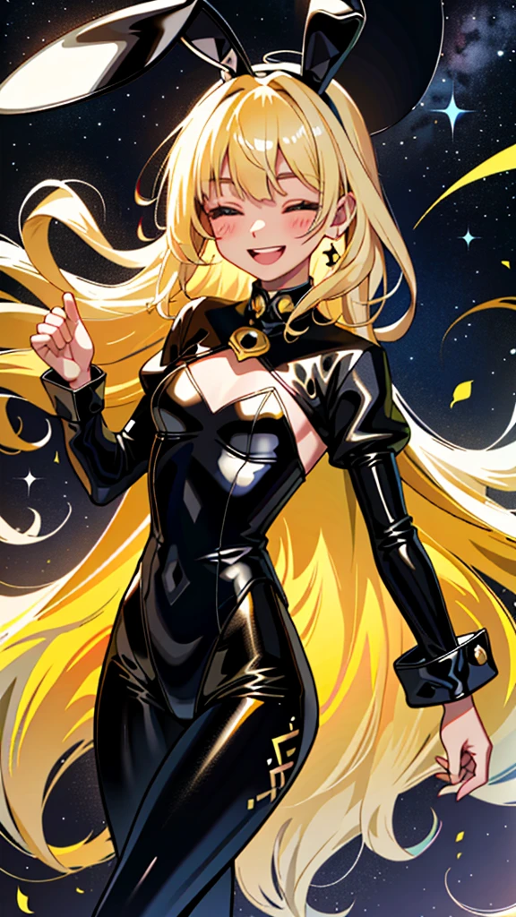 1 Female\(cute, cute,(Little),alone,18-year-old,Skin color is white,(Big smile:1.3),Half-closed eyes,Open your mouth,Hair is floating,Hair Color: Blonde,Long Hair,Eye color is cosmic,chest,Black bunny suit,Black leotard,Black rabbit ears,Bunny&#39;s Tail,Wrist cuff,Detachable collar,Black ribbon tie,Fishnet tights,Black High Heels,Rabbit Pose,Raise the hand,(whole body:0.6),Caramel Dance\), break ,background\(Simple,internal,colorful,cute room,Girlish,heart\), break ,quality\(8K,非常に精細なCGユニットのwallpaper, masterpiece,High resolution,top-quality,top-quality real texture skin,Surreal,Increase the resolution,RAW Photos,最高quality,Very detailed,wallpaper,Cinema Lighting,Ray-tracing,Golden Ratio\),(close:0.6),Better Hands,5 fingers on each hand,[Browsing Caution:1.5]