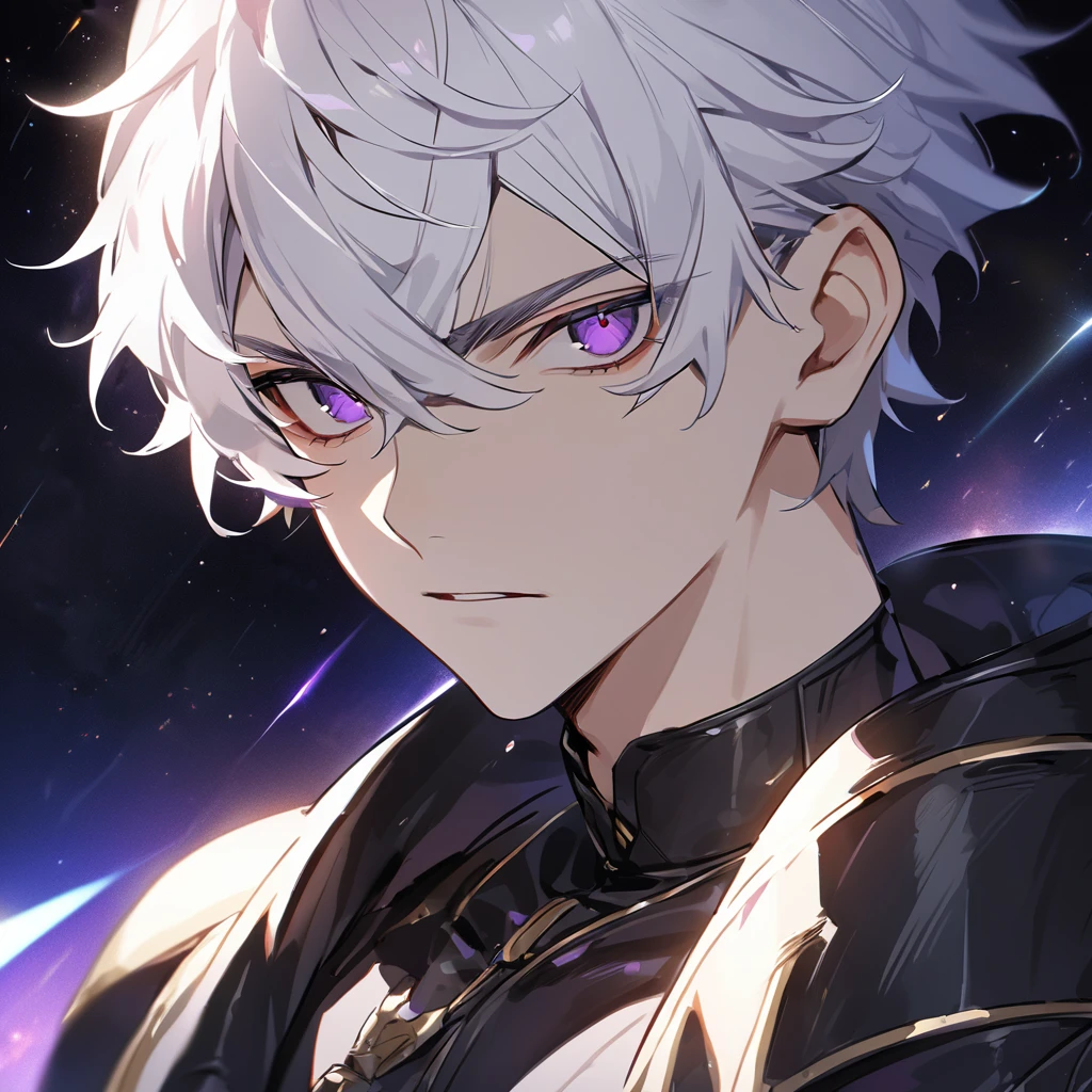 High quality, HD, 4k, no shadows, handsome male, 1male, 17 years old, teenager, golden lining, short white hair, sharp eyes, dark purple eyes, deep purple eyes, devil may cry, close up, calm expression, stoic expression, black leather clothes, lean body, well trained body, upper body, looking at viewer, cowboy shot, white solar, space background