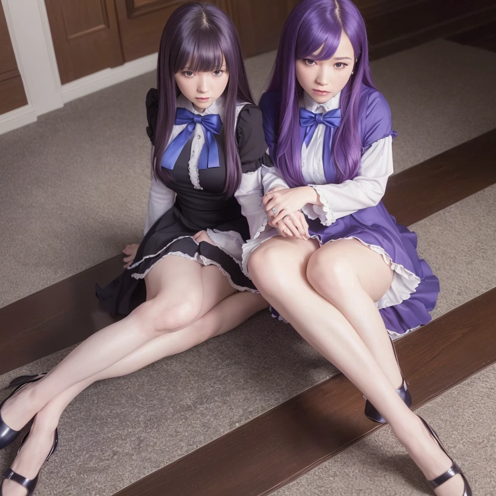 (8K, RAW photo, best quality, masterpiece:1.2), (realistic, photo-realistic:1.4), (extremely detailed 8K wallpaper),Beautiful Face,1girl,Frederica Bernkastel, purple hair,dress, bowtie, mary janes,purple eyes,whole body,Lower Angle、Crossing your legs、sit