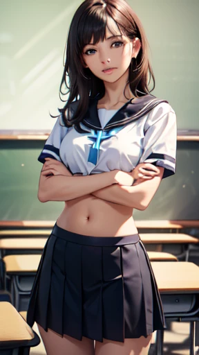 women in classroom, ((Sailor outfit, white crop top)), blue school skirt, Open the navel, Open belly, (Showing the abdominal area), ((((Cross your arms over your chest.)))), cry , (((The teacher stood behind holding a whip.))))