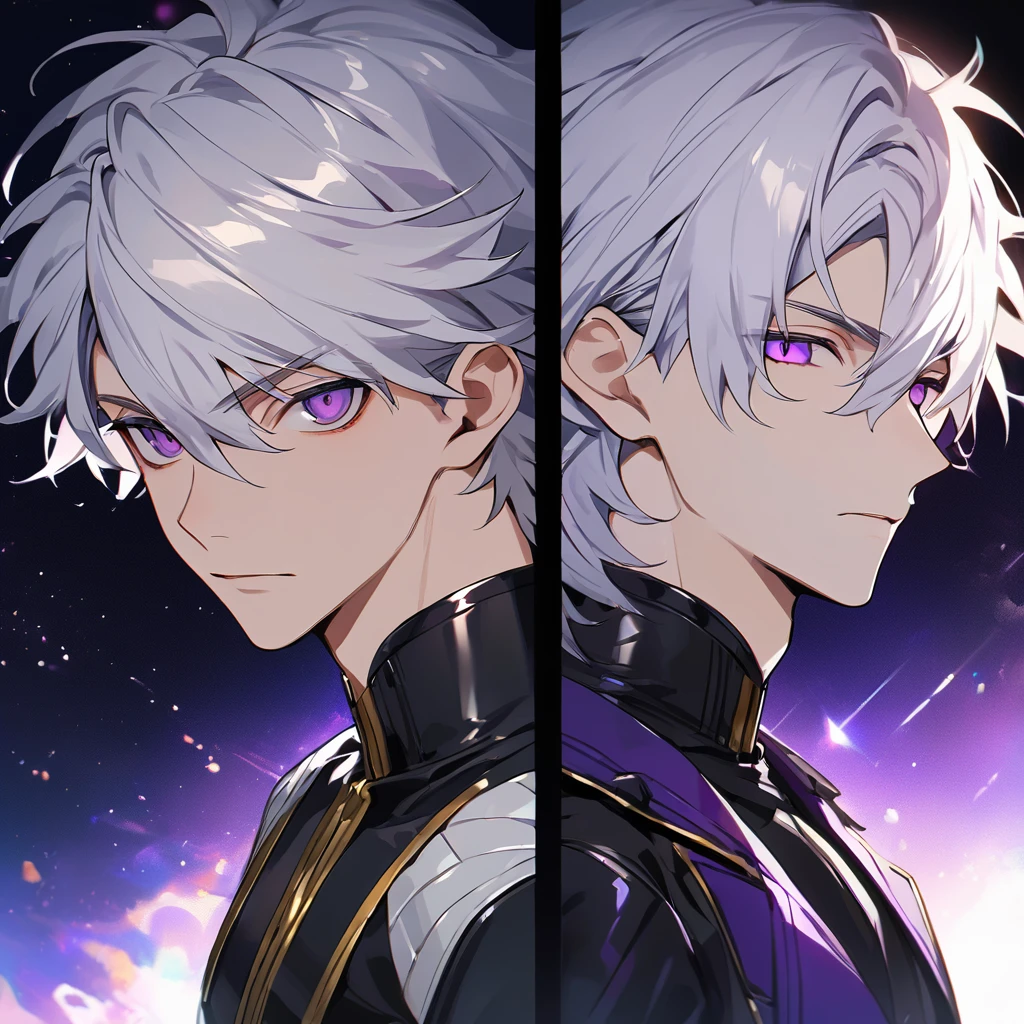 High quality, HD, 4k, no shadows, handsome male, 1male, 17 years old, teenager, golden lining, short white hair, sharp eyes, dark purple eyes, deep purple eyes, devil may cry, close up, calm expression, stoic expression, black leather clothes, lean body, well trained body, upper body, looking at viewer, cowboy shot, white solar, space background