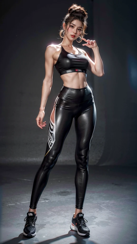 (masterpiece, best quality, Realistically, Work, Very detailed, 8K), ((Wide-angle lens, Full body female)), 1 girl,Light makeup,Exquisite facial features,Smile,Exquisite hairstyle, Correct finger structure,Fitness Clothing,Yoga Pants,sports shoes,Sports bracers,Hip-hop style,fWorknet tights,Light brown hair, Hair behind the ears, Pompadour hairstyle, curls, Ease, Heart Earrings,Front standing posture,Facing the audience,Full body portrait,Gray background