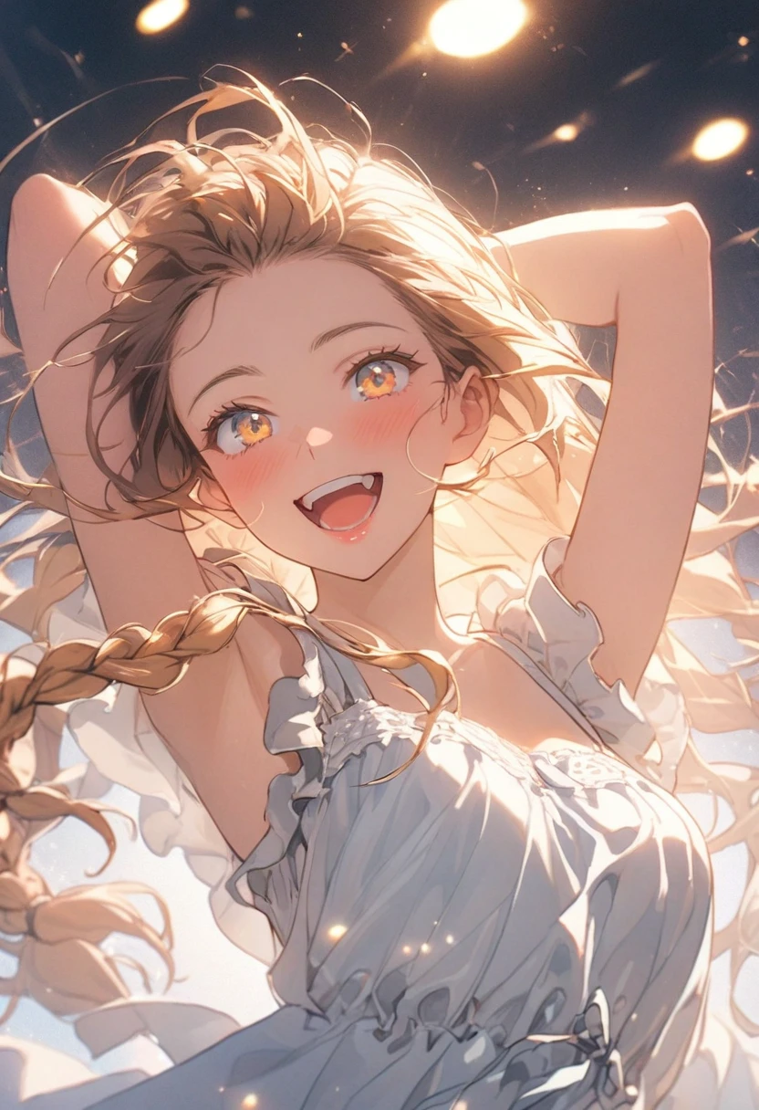 A wonderful masterpiece, Upper Body, (aldult: 1.6) Hungarian woman, (Giggling: 0.4), Put your arms behind your head, Golden braid, Bright Eyes, victorian sundress, Floating light particles, center, Add facial details