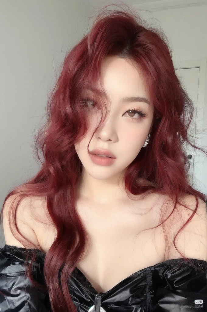 a close up of a woman with red hair wearing a black dress, with curly red hair, pale red, red dyed hair, with long red hair, with red hair, crimson hair, red crimson hair, red long wavy hair, dirty red wavy hair, red curled hair, red crimson crimson hair, crimson red hair and red eyes, dark red hair, red wig , blackpink Jennie , blackpink Lisa
