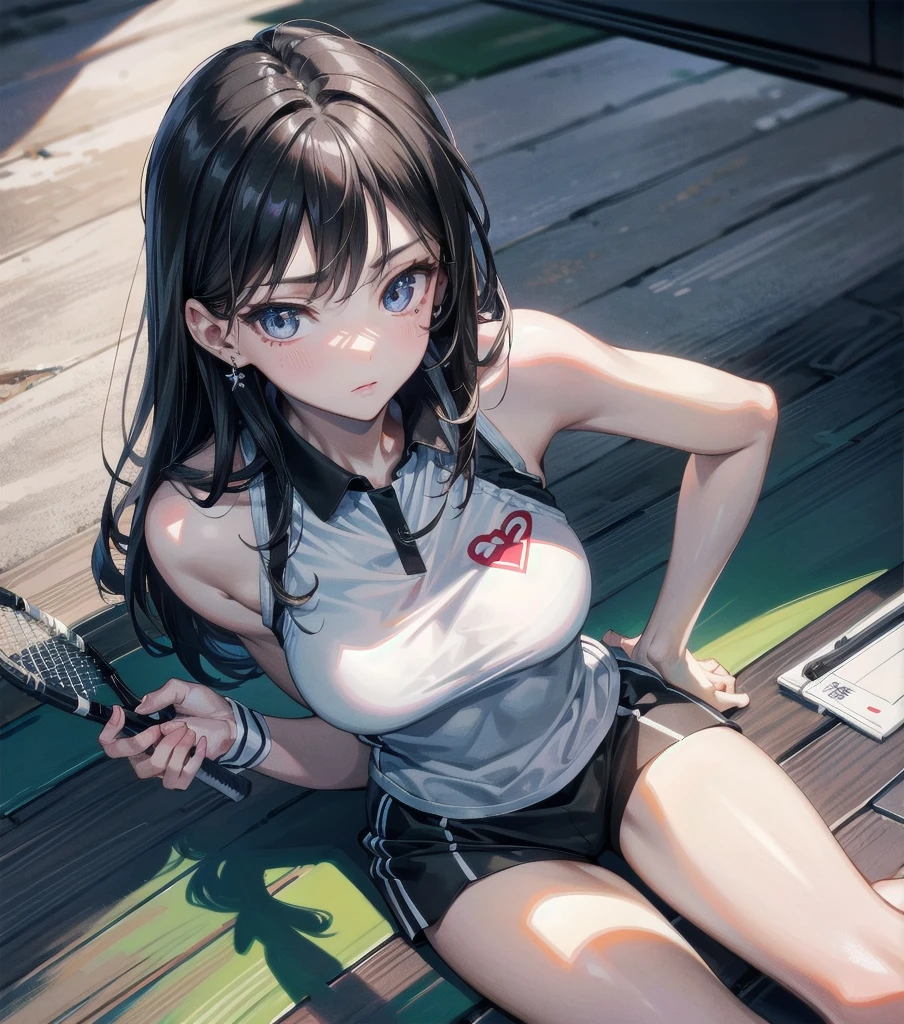 absurdres, RAW photo, extremely delicate and beautiful, masterpiece, Best Quality, ultra high resolution, 32k, hyperrealistic, ultra-detailed, perfect anatomy, super Detailed skin, perfect figure, Japanese woman, late 20s, very Slim body, narrow waist, very small head, handsome detailed woman, very detailed eyes and face, realistic face proportions, Stunning detailed eyes, Realistic beautiful face, very small face, Realistic small beautiful eyes, tearful mole, earring, beautiful and very thin legs, beautiful and very thin thighs, (very huge round breasts), medium hair, black hair, whole body shot, ((Tennis Uniform)), shorts,