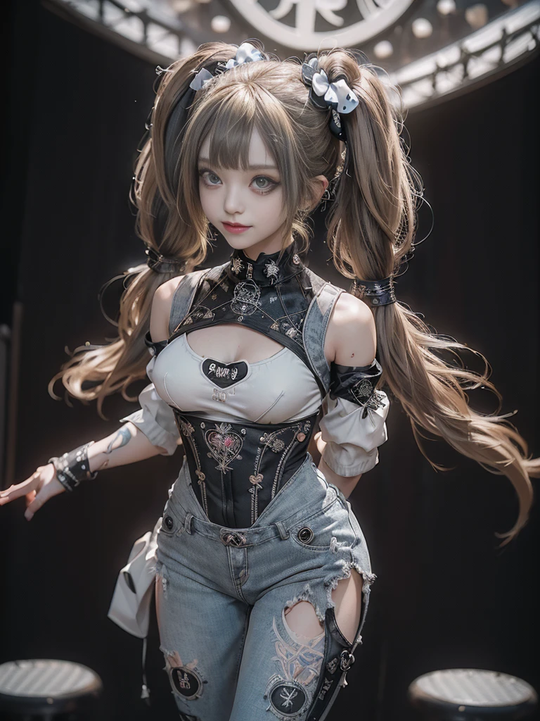 (Full Body View:1.4)、(Full body:1.4)、(Smiling with teeth showing:1.3),(Shibuya Gal:1.5)、(Gothic Lolita style fashion:1.5)、(Punk RockVisual Kei:1.5)、(Wearing a rhythmic gymnastics bodysuit with intricate details:1.4)、(Racing suit and pants with intricate decorations in white, denim and charcoal:1.5)、(Denim and light blue and white boots:1.3)、((belt))、(Numerous delicate logo marks all over the costume:1.4)、(collar:1.3)、(Polka dot underwear:1.5)、20-year-old、NSFW、((Highest quality、In 8K、masterpiece:1.3))、Sharp focus:1.2、(Layered Cut、Huge boobs:1.1),Beautiful woman with perfect figure:1.4、(do a gravure pose:1.3)、Slender Abs:1.2、Highly detailed face and skin texture、Detailed eyes、double eyelid,(Twin tails:1.3)、(Brown-golden hair:1.3)、Gravure idol、(The background is the stage of the fashion show:1.3)、(Slim body:1.3),(Make your legs thinner:1.4),(clavicle:1.1)