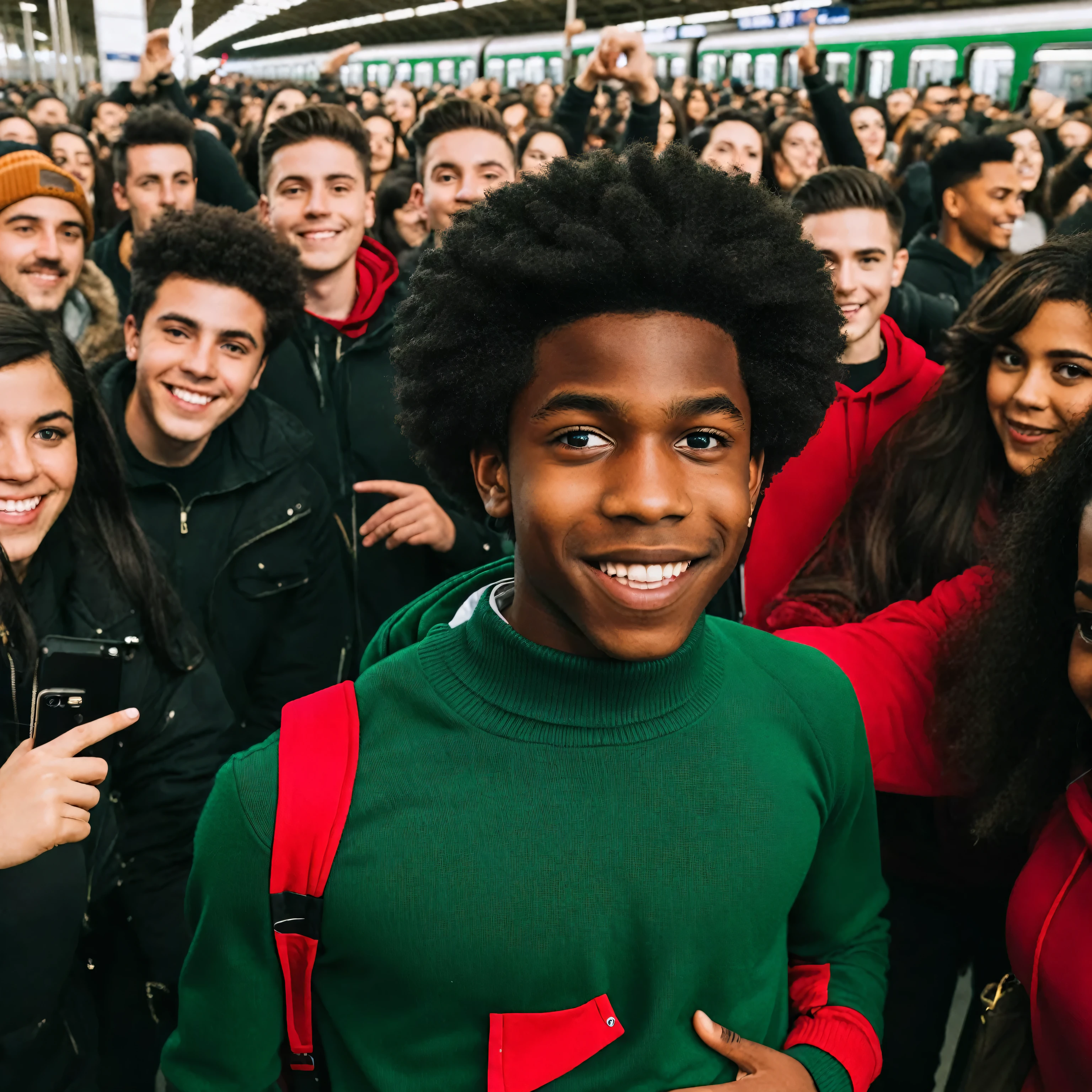 An Afro American teenager boy of black complexion with twist wearing a red sweater, in the center of a dynamic crowd all dressed in black in a green train station