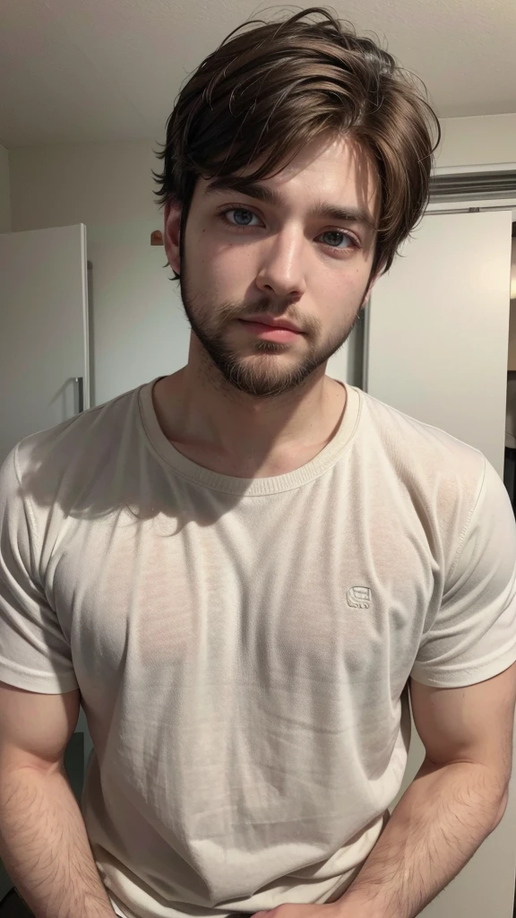 A white man, with medium beard and short brown hair, Brown eyes,male clothes