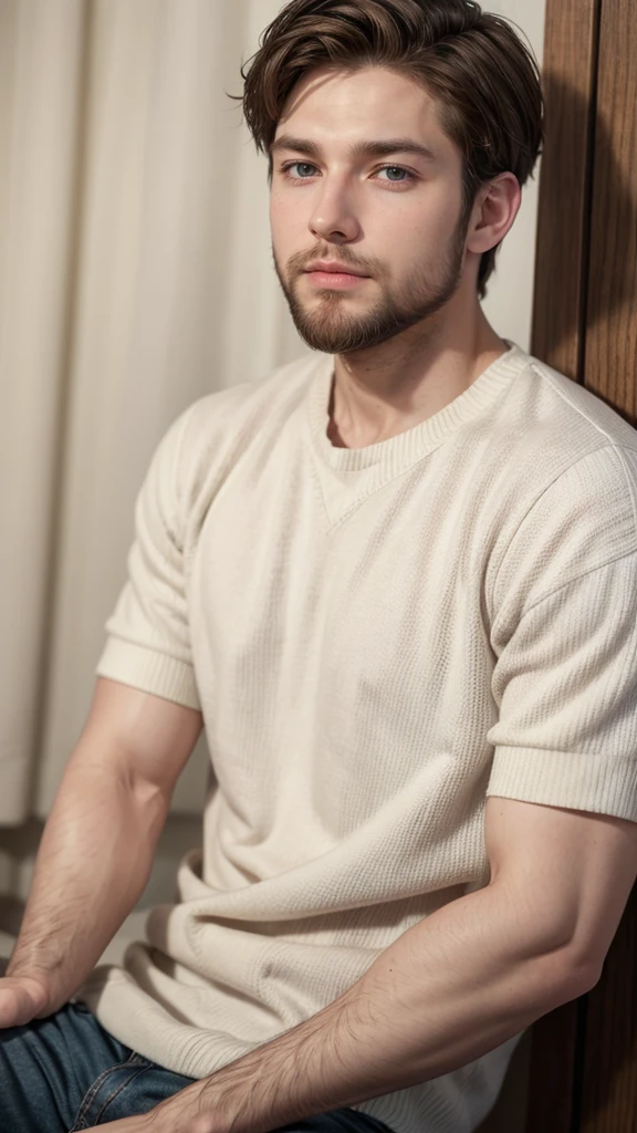 A white man, with medium beard and short brown hair, Brown eyes,male clothes