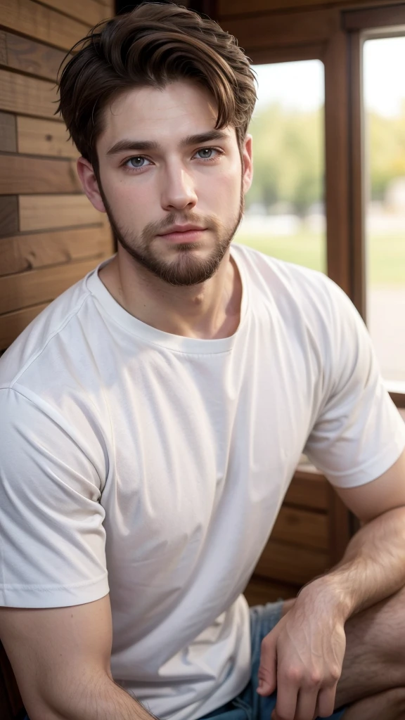 A white man, with medium beard and short brown hair, Brown eyes,male clothes