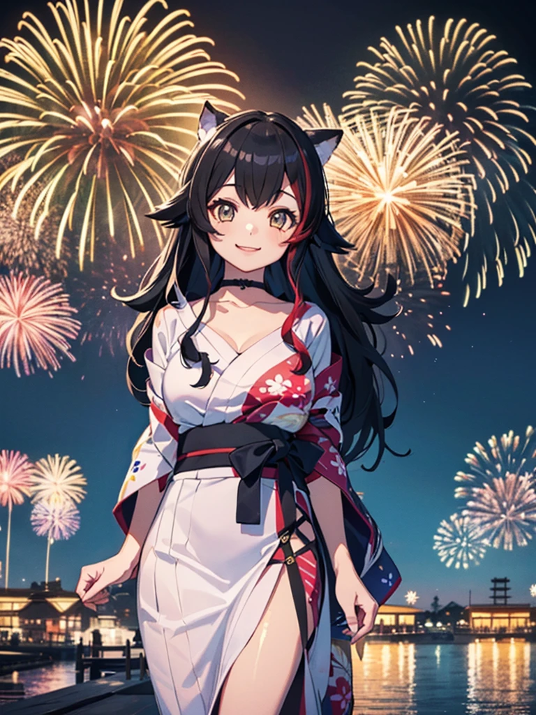 (masterpiece, Highest quality, Super detailed),One girl,((super fine illustration)),((cute eyes,highly detailed skin)),((smile)),(well endowed,Blessed,Captivating body、Detailed Background)、(yukata:1.5),firework,(大量のfirework,Night view,Ocean)、Festivals