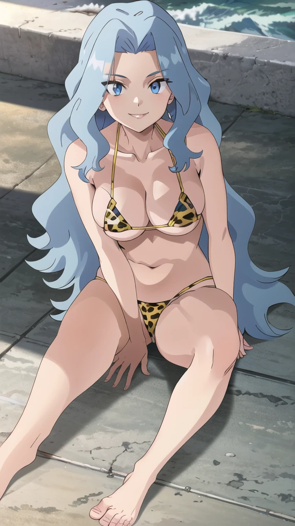(masterpiece, 4K, Highest quality, anime style: 1.9, Detailed face, Lovely, Ocean,bold, High resolution, anime, alone, Curvaceous, Thighs, Cleavage, Center of chest, smile, Very slim belly, Cowboy Shot,Leopard print micro bikini,1 Girl, Pokemon - Karen,((((Sharp Eye)))).(((Light blue long wavy hair))),((Sit on the floor with your legs apart,M-shaped legs)),barefoot