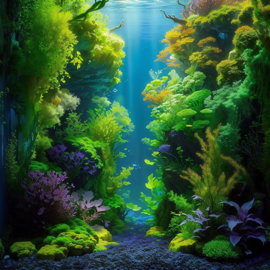 há um Aquarium com plantas e pedras nele, overgrown with aquatic plants, underwater landscape, underwater plants, aquatic plants, colorful picturesque environment, underwater environment, lush, deep vivid colors, Underwater scene, deep Underwater scene, closeup cinematic water scene, aquatic plants, underwater scenery, incredible depth, Underwater scenery, giant Aquarium in natural cave, Aquarium