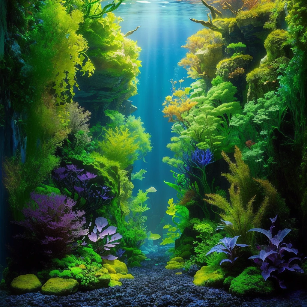 há um Aquarium com plantas e pedras nele, overgrown with aquatic plants, underwater landscape, underwater plants, aquatic plants, colorful picturesque environment, underwater environment, lush, deep vivid colors, Underwater scene, deep Underwater scene, closeup cinematic water scene, aquatic plants, underwater scenery, incredible depth, Underwater scenery, giant Aquarium in natural cave, Aquarium