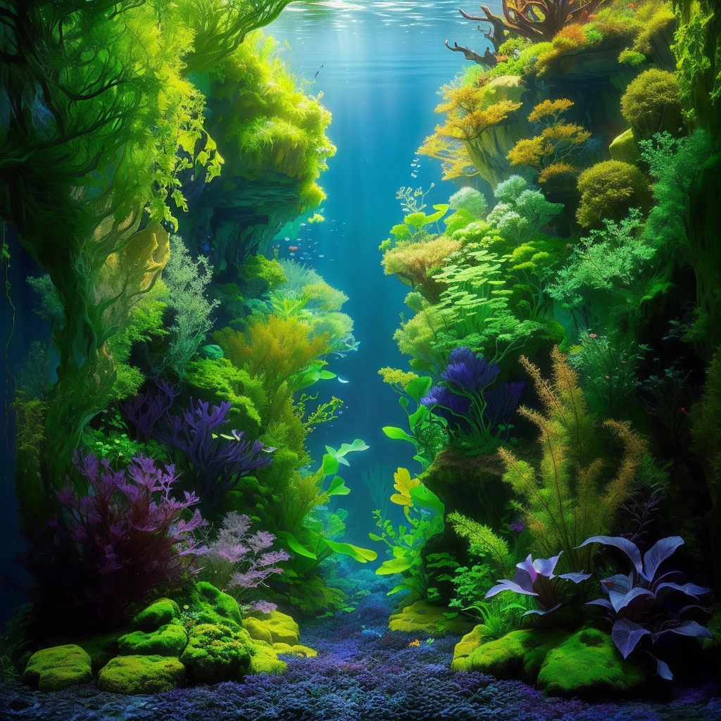 há um Aquarium com plantas e pedras nele, overgrown with aquatic plants, underwater landscape, underwater plants, aquatic plants, colorful picturesque environment, underwater environment, lush, deep vivid colors, Underwater scene, deep Underwater scene, closeup cinematic water scene, aquatic plants, underwater scenery, incredible depth, Underwater scenery, giant Aquarium in natural cave, Aquarium