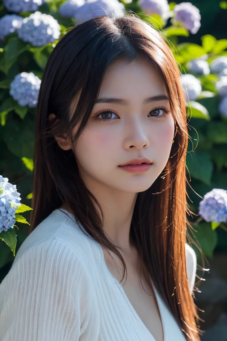 A highly detailed, photorealistic portrait of a beautiful young Asian woman with smooth skin, large expressive eyes, and natural makeup. She is surrounded by lush hydrangea bushes, with soft lighting and a shallow depth of field. The background is slightly blurred to emphasize her face. The image should capture her serene and gentle expression, with a focus on her delicate features and the natural beauty of the scene. High resolution, 8K, ultra-detailed, masterpiece, best quality. ((China dress))、((Upper Body:1.3))