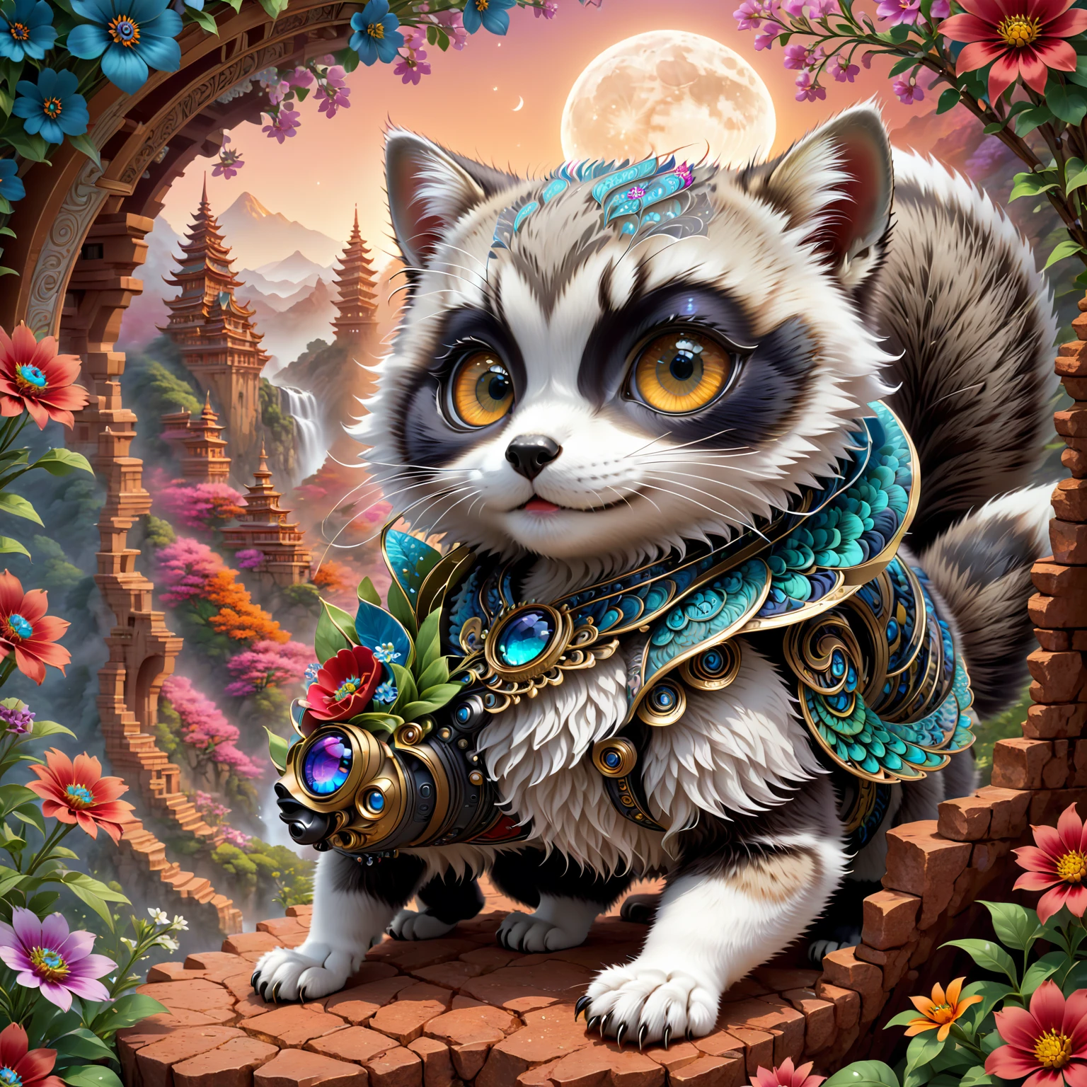 (masterpiece, top quality, best quality, official art, Beautiful and beautiful:1.2), Lord raccoon kitten, Very detailed, Fractal art, rich and colorful, Flowers, most detailed, Zentangle, dynamic poses, Abstract Background, Side view, Red Cliff, Fluffy, Cute big eyes, The Art of Moon Encryption Wow, happy, Big eyes are so cute, Sexy eyes