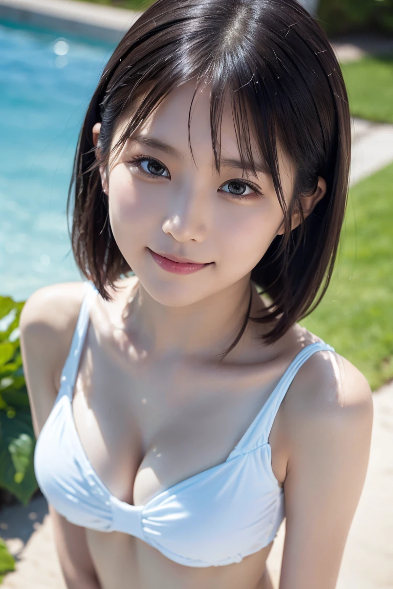 ((スポーツSwimwear:1.3)), Swimwear,A close-up, photorealistic portrait of a young Asian woman with smooth skin, large eyes, and a gentle smile. She is standing in front of a blurred background of hydrangea flowers. High detail, 8k resolution, ultra-detailed, masterpiece. ((Upward glance)), ((angle From above: 1. 3)), From above, Looking into the camera,