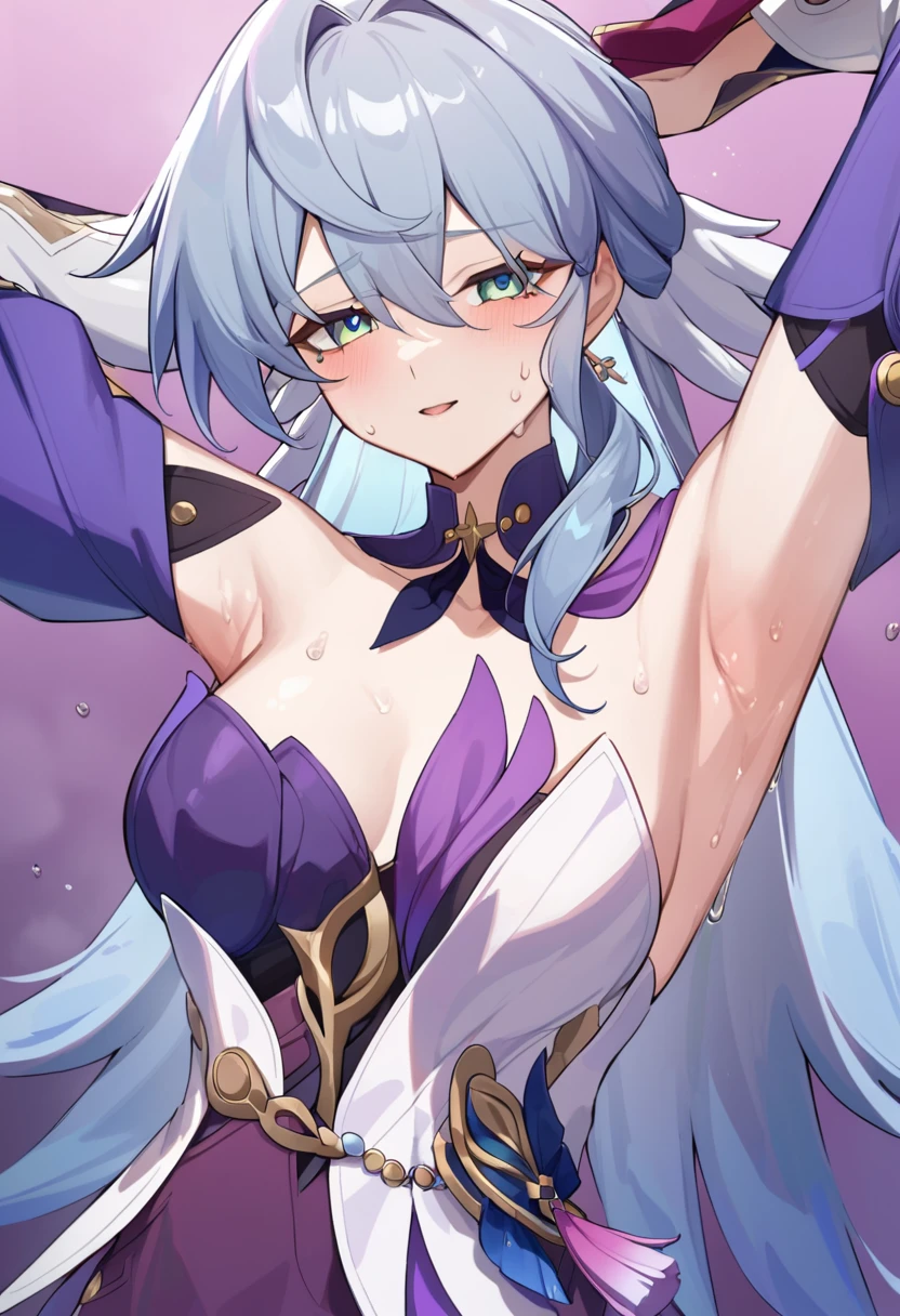 Robin from honkai star rail, playful gaze, sweating, showing tits, showing armpits, alluring face