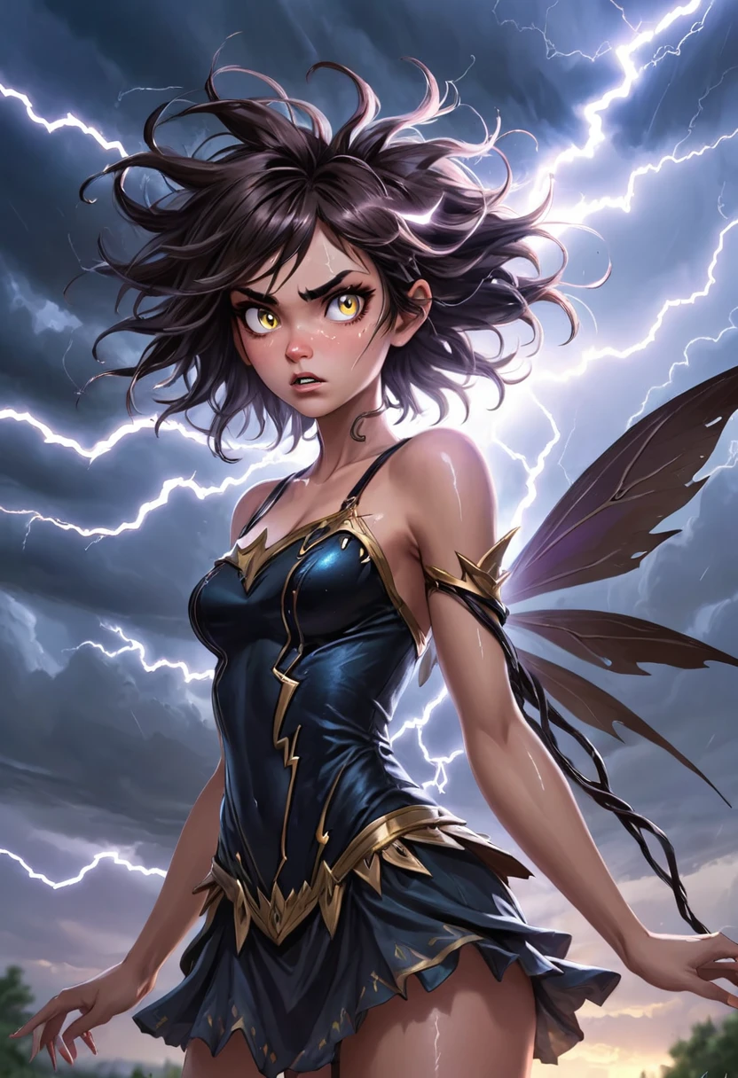 Fearless Female Fairy, her hair is Black, Messy hair, Lightning in the sky, Morning