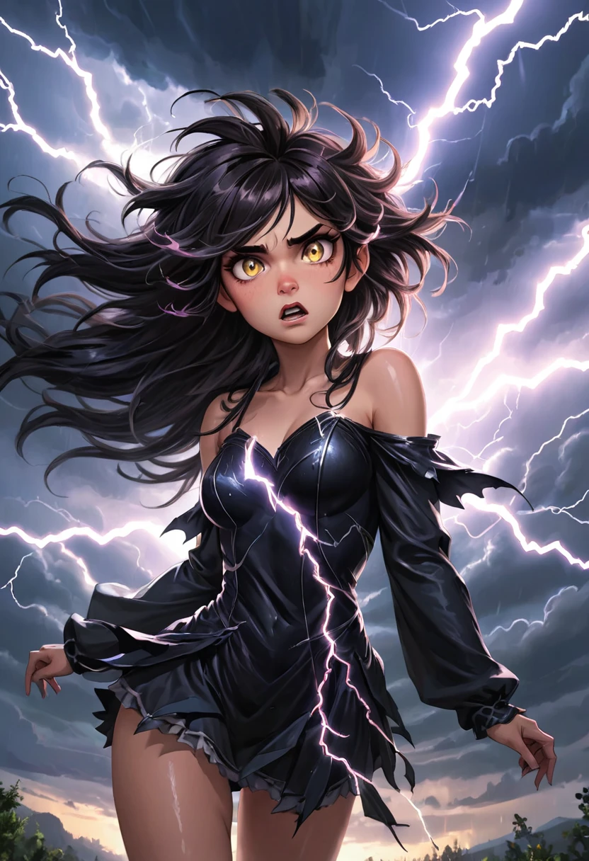 Fearless Female Fairy, her hair is Black, Messy hair, Lightning in the sky, Morning