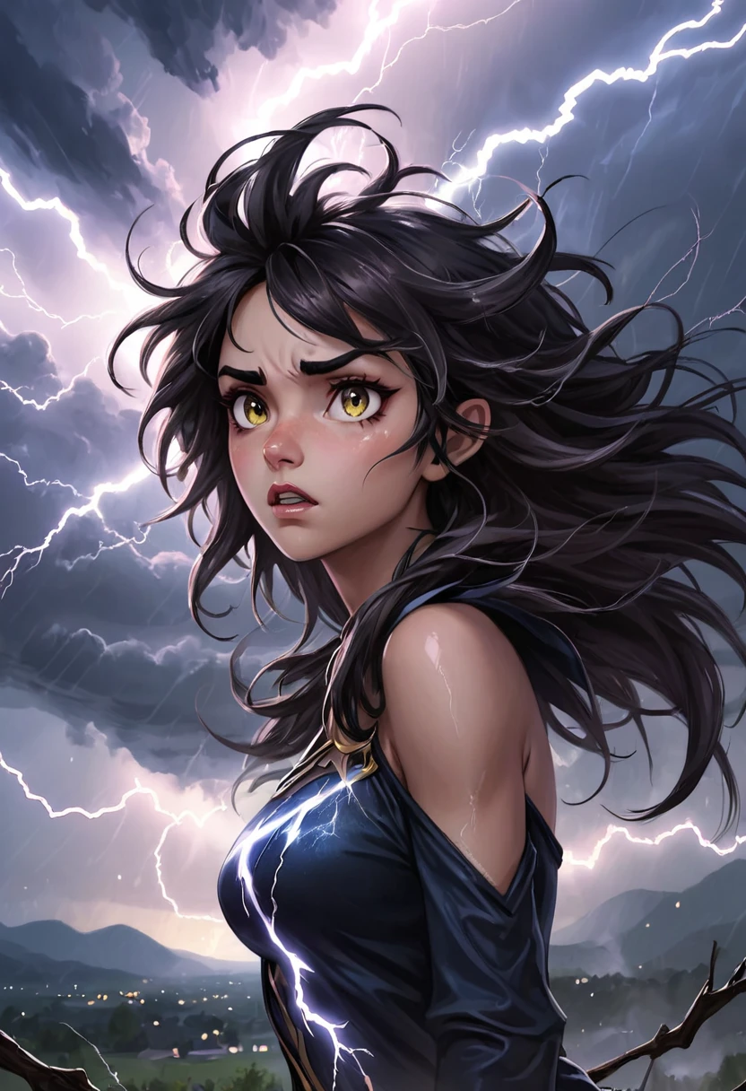 Fearless Female Fairy, her hair is Black, Messy hair, Lightning in the sky, Morning