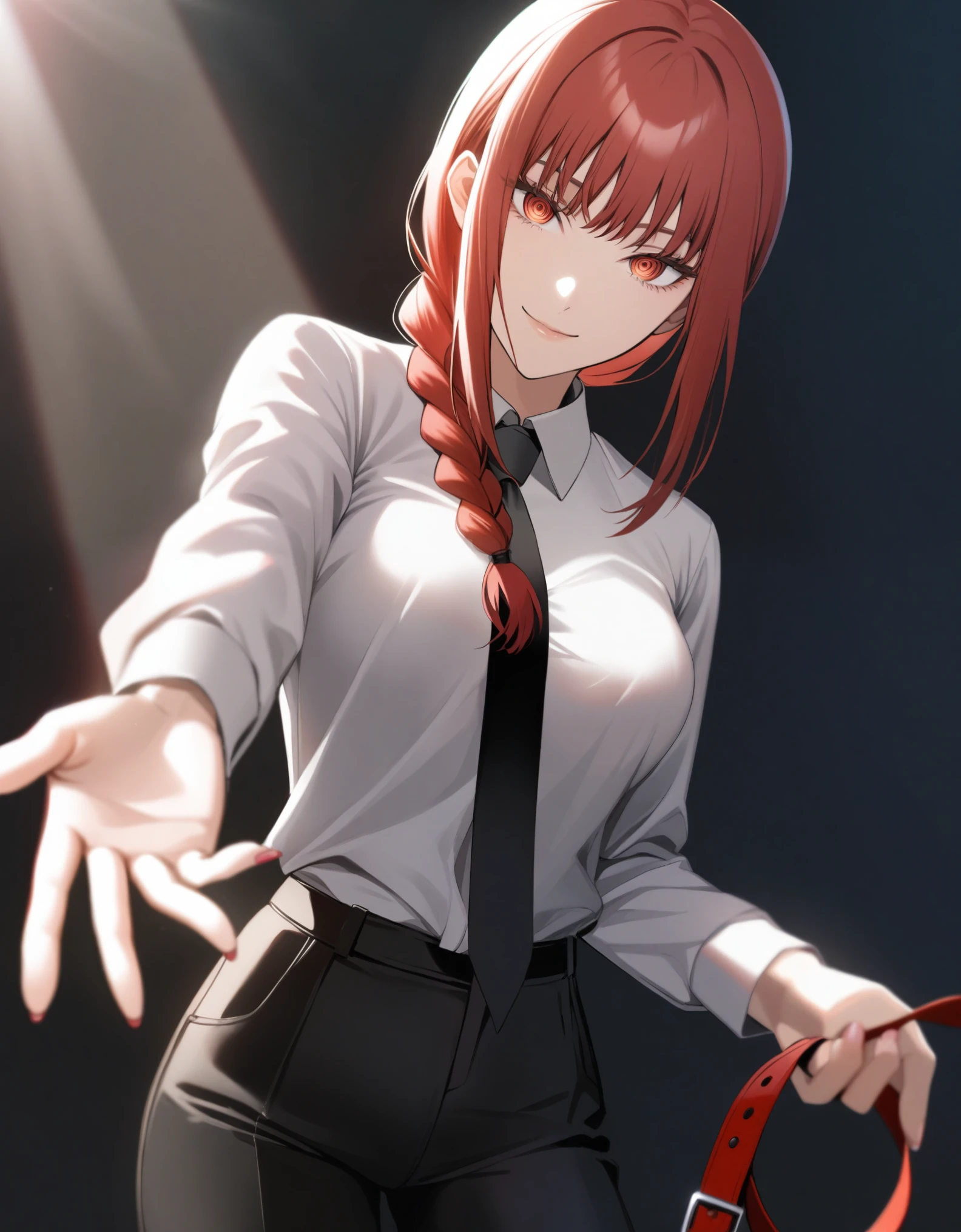 1girl,makima(chainsaw_man),black_necktie,black_pants,braid,braided_ponytail,breasts,closed_mouth,collar,collared_shirt,cowboy_shot,fingernails,giving,hair_over_shoulder,head_tilt,holding dog leash,long_hair,long_sleeves,looking_at_viewer,necktie,outstretched_arm,pants,red_eyes,red_hair,ringed_eyes,shirt,smile,solo,sunlight,unworn_collar,white_shirt,