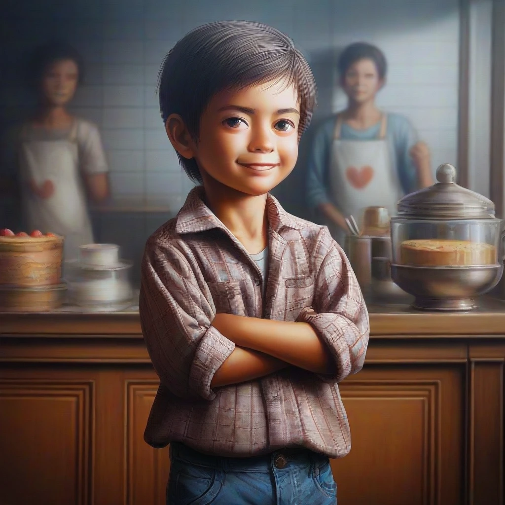 there is a young boy standing in front of a counter with a cake, 4yr old, inspired by Abidin Dino, 2 years old, 😃😀😄☺🙃😉😗, little ???, ???, 5 years old, john jude palencar, proud smile, potrait, innocent face, by I Ketut Soki, proud look
