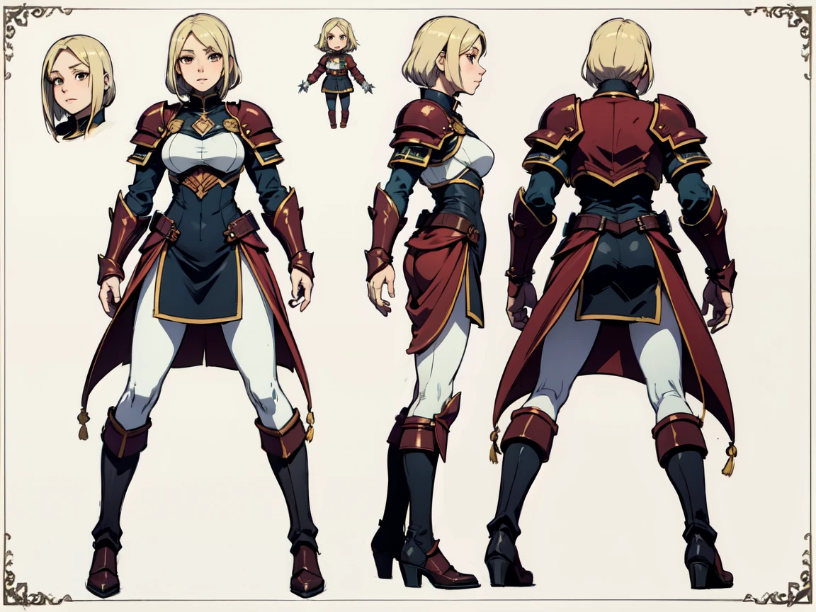 (model sheet), Agrias, loose short blonde hair, brown eyes, Simple armor,armor boots,highleg collant white,legging white,wide hips, lighting, ice, fantasy,