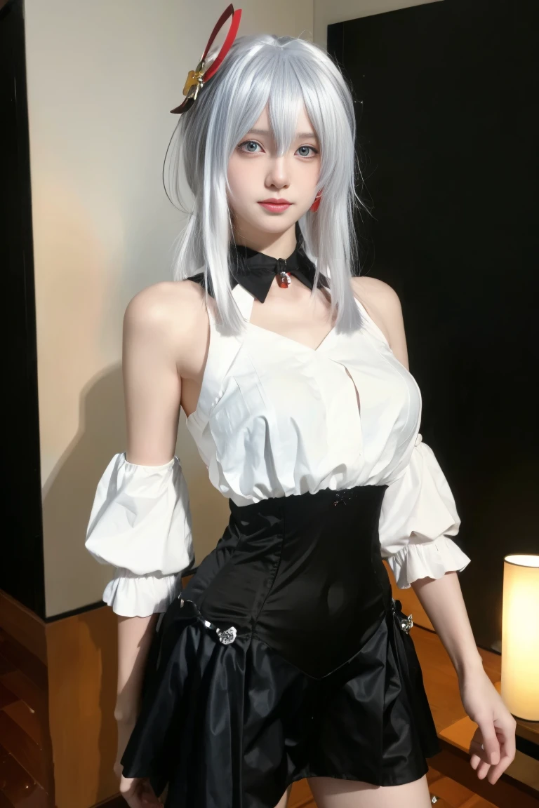 best quality, tmasterpiece,Ultra-high resolution,Clear face,(Reality:1.4),ferpect lighting, (upper body photo), (photorealistic:1.50), anime wallpaper, Guviz style artwork, cover-up fantasy up to magic , by Yang J, Guviz, beautiful artwork illustration, beautiful digital artwork, beautiful digital illustration, Li Song, beautiful anime portrait, art style in Beauvot, 1girl, indoors, soft lighting, absurdres, looking at the audience, 独奏, ponytail, serafuku, official art, formal alternative costume, blunt bangs, hair bands, hair bands, red ribbons, sailor shirts, sailor collars, pleated skirts, petticoats, black ribbon, cate, Looking viwer, Bare shoulders, (hair ornament), Earring, jewelry, white hair, One eye is covered by hair,