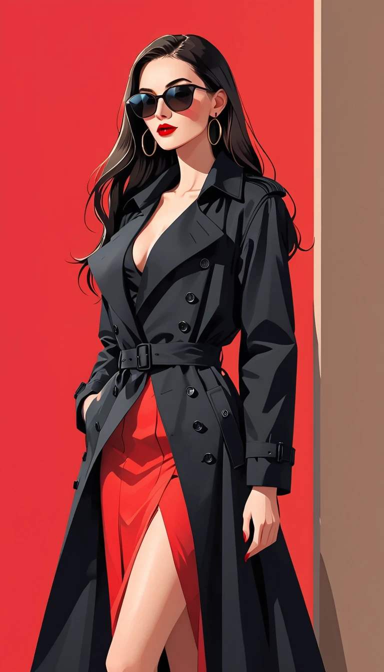 Simple vector illustration，Beautiful girl standing against the wall，Delicate red lips，unique，confidence，Long straight hair，sunglasses，Exaggerated earrings，unique，Staring at the audience），（(Black deep V trench coat：1.37，Red bottoming skirt)）。Looking from the bottom up，Geometric Light and Shadow，Clean and simple red background，watch