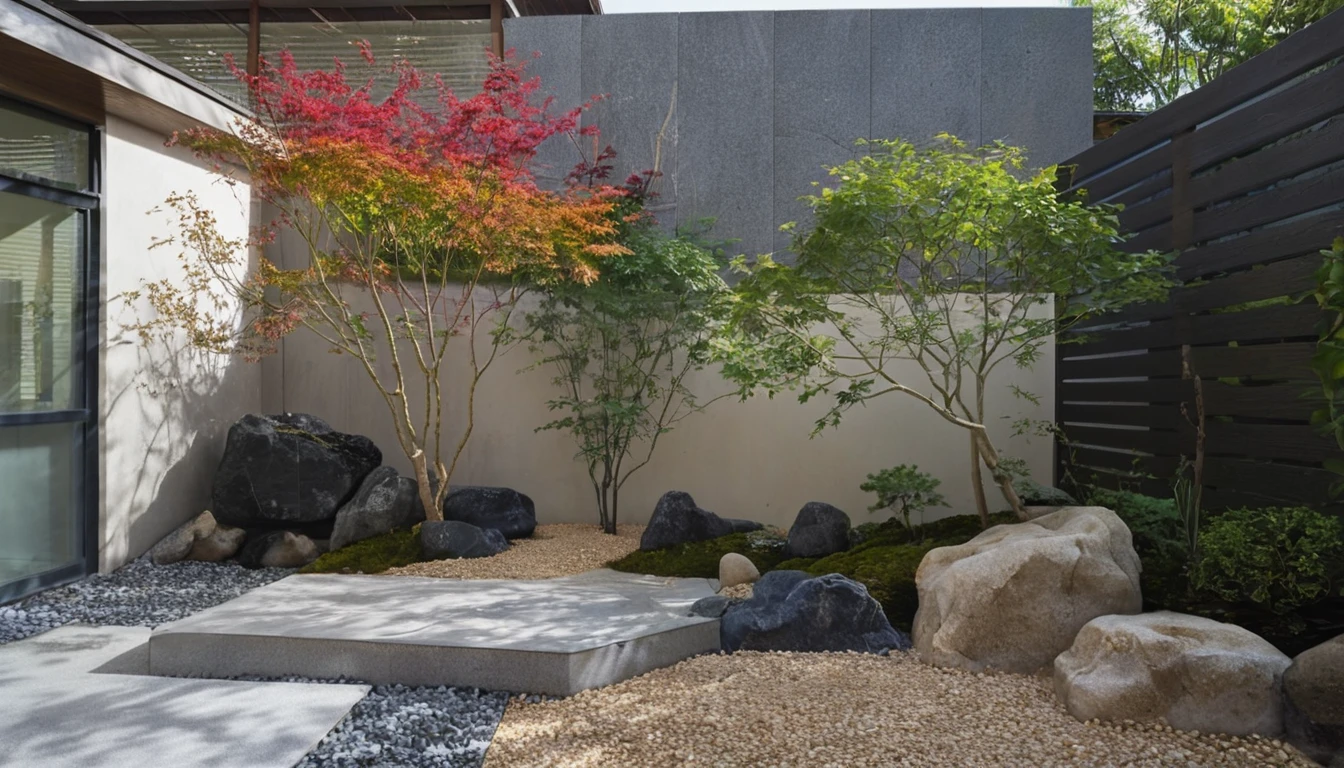 Quantum LCD,Garden,Zen Melon Garden，No humans,Tree,landscape,outdoor,sky,stairs,plant,Fence,This picture shows a modern courtyard landscape. On the left side of the screen is a uniquely shaped grey rock,Seems to be carefully selected and arranged. There is a path paved with black pebbles next to the rock.,Winding through the courtyard. Central courtyard,there is a beautifully shaped Tree with a twisted trunk and lush leaves,Gives people an ancient and exquisite feeling. On the right side of the Tree is a small bonsai plant,The foliage is luxuriant,Presenting a vibrant scene. In the background,You can see a high wall，There are some vertical lines on the texture,In sharp contrast to the foreground. The whole scene is illuminated by sunlight,Looks very peaceful.,
