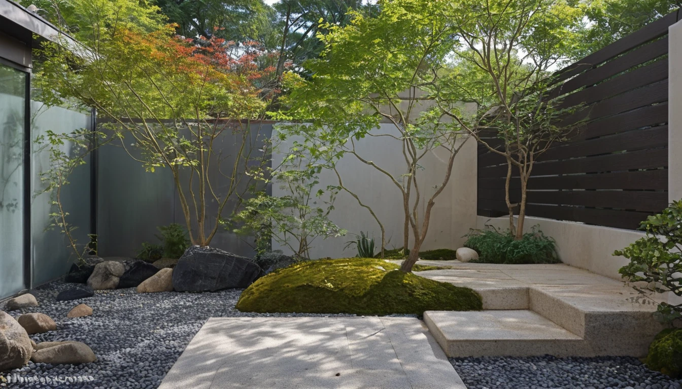 Quantum LCD,Garden,Zen Melon Garden，No humans,Tree,landscape,outdoor,sky,stairs,plant,Fence,This picture shows a modern courtyard landscape. On the left side of the screen is a uniquely shaped grey rock,Seems to be carefully selected and arranged. There is a path paved with black pebbles next to the rock.,Winding through the courtyard. Central courtyard,there is a beautifully shaped Tree with a twisted trunk and lush leaves,Gives people an ancient and exquisite feeling. On the right side of the Tree is a small bonsai plant,The foliage is luxuriant,Presenting a vibrant scene. In the background,You can see a high wall，There are some vertical lines on the texture,In sharp contrast to the foreground. The whole scene is illuminated by sunlight,Looks very peaceful.,
