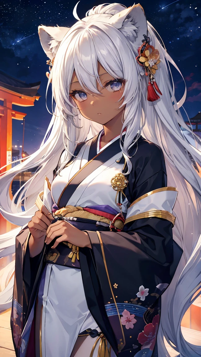 High resolution、Girl、Silver Hair、Long Hair,(Brown skin,Dark Skin,Sunburn),Lion ears、Grey Eyes、Slender、Toned body、kimono,festival,Starry Sky,torii,,