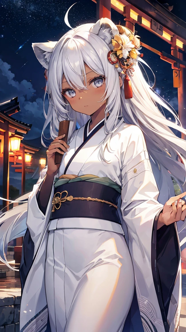 High resolution、Girl、Silver Hair、Long Hair,(Brown skin,Dark Skin,Sunburn),Lion ears、Grey Eyes、Slender、Toned body、kimono,festival,Starry Sky,torii,,