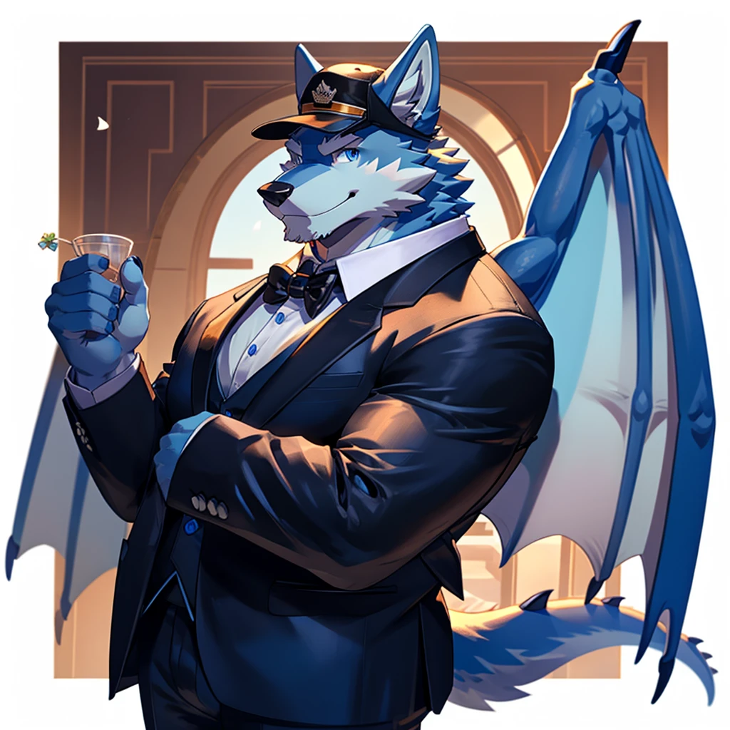 Masterpiece, Solo, Furry Light Blue Wolf, Light Blue Fur,Dark Blue Eyes, Dragon Wings, Bulking Body, Dad bod body, Cool Pose, Charming, Handsome, Tuxedo Suit, wearing cap