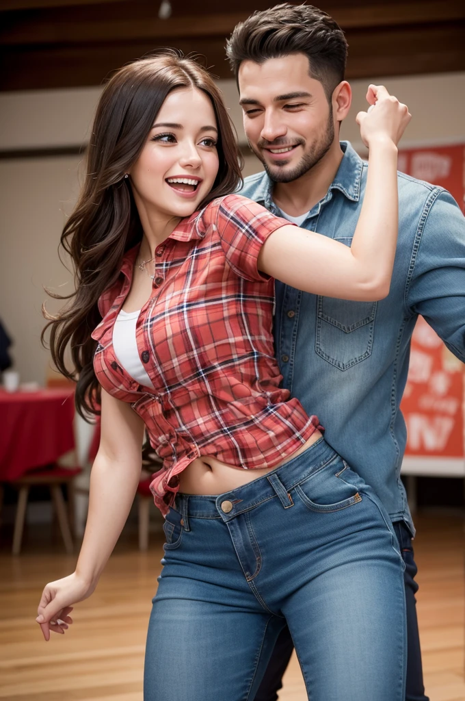 Realistic image of a young couple, both 32 years old, dancing forró with joy and passion. The man is Moreno, wearing a plaid shirt and jeans, while holding the woman's hand and guiding her through the dance. the woman is white, with brown hair, wearing a flowery dress, spinning with grace and a smile on your face. They are in a living room with wooden floors. Next to them, your 1 year and 2 month old is sitting in a wheelchair, wearing a blue jumpsuit, looking at parents with a big smile on their face, Full of happiness, while watching the dance moves.