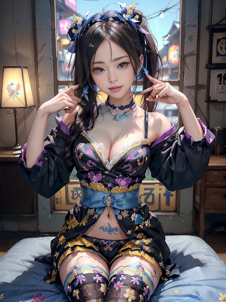 (Full Body View:1.5)、(squat:1.3)、(Beautiful lips and cheeks:1.4)、(Prostitute:1.4)、(Smiling with teeth showing:1.3),(Shibuya Gal:1.5)、(Gothic ta vibe:1.5)、(Black, yellow, magenta, and blue miniskirt courtesan kimono showing cleavage:1.5)、(New Year:1.4)、(Luxury hair ornaments/hairpin:1.5)、(Short kimono:1.3)、(Make-up like a maiko:1.5)、(Bewitching Woman:1.3)、(Dense kimono:1.4)、(Wearing flashy knee socks:1.2)、(The underwear has an embroidered pattern:1.4)、40 years old、(Dance vigorously:1.3)、((Highest quality、8k、masterpiece:1.3))、1 Girl、Slim and beautiful abs:1.3、(hairstyle casual、Beautiful boobs:1.1)、dress:1.1、Super small face、Narrow eyes、double eyelid、A sloppy smile、Esbian all over、Dynamic Angle、Close-up、CPL Filter、Blurred Background、Bokeh、Blue Hour、Detailed face and skin texture、Detailed eyes、double eyelid,(Twin tails:1.3)、(Black-brown hair:1.3)、Gravure idol、(The background is a gorgeous Meiji-era town:1.3)、(Thin body:1.2),(Thin thighs:1.5),(clavicle:1.1)
