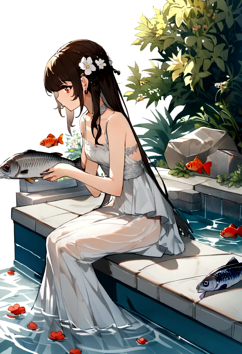 huaniao, [(White background:1.5)::5], Medium shot, Chinese, Flowers,((fish)),Stone fragments, Beautiful and delicate water,pool,