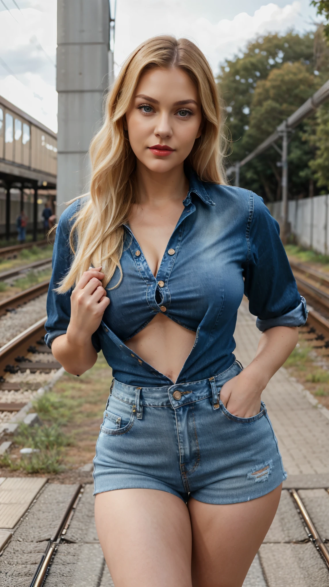 1 girl, front side look, she is wearing a wearing denim shorts with mini shirt, front face, beautiful face, red lips, Close lips, healthy skin, american woman, blonde, detailed face eyes, outdoor near railway track, cowboy_shot, softcore milf, masterpiece, highres, 38 years old woman, full dress, curvy model, blonde, blonde woman, curvy front covered with clothes, beautiful blonde woman, beautiful hands and full detail. full detailed all fingers very accurate, full dress, 